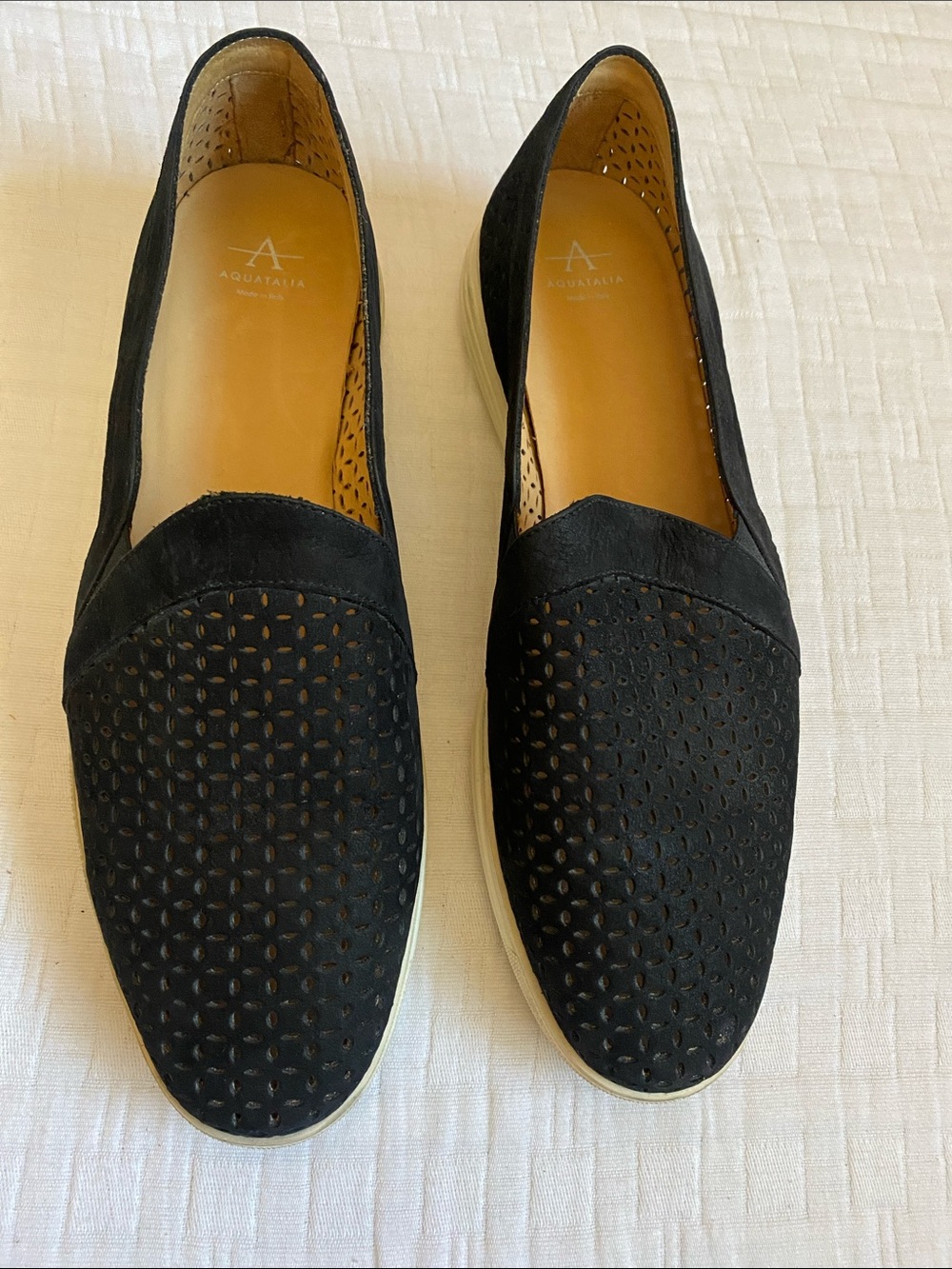 AQUATALIA Made In Italy Black Perforated Suede Women's Slip-On Loafers